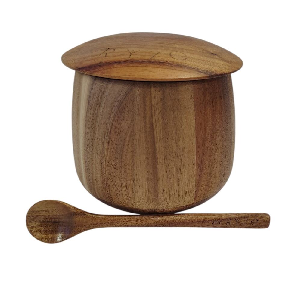 RYZE Mushroom Coffee Wooden Storage Container w/ Stir Stick NEW Acacia Wood